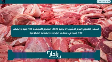 أسعار اللحوم اليوم الاثنين 21 يوليو 2025: اللحوم المجمدة 185 جنيه والضأن 400 جنيه في محلات الجزارة والمنافذ الحكومية